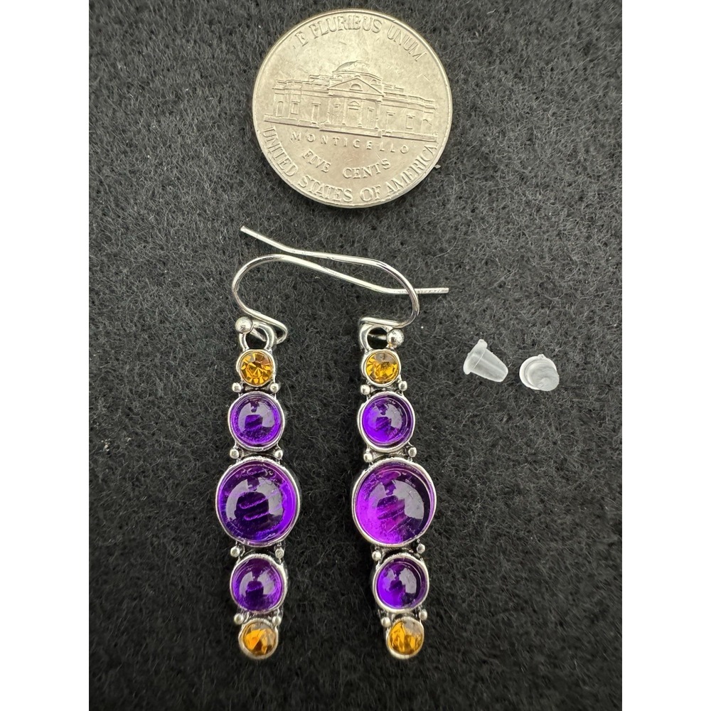 Purple Orange Faux Gemstone Long Dangle Earrings Silver Tone Hooks NEW